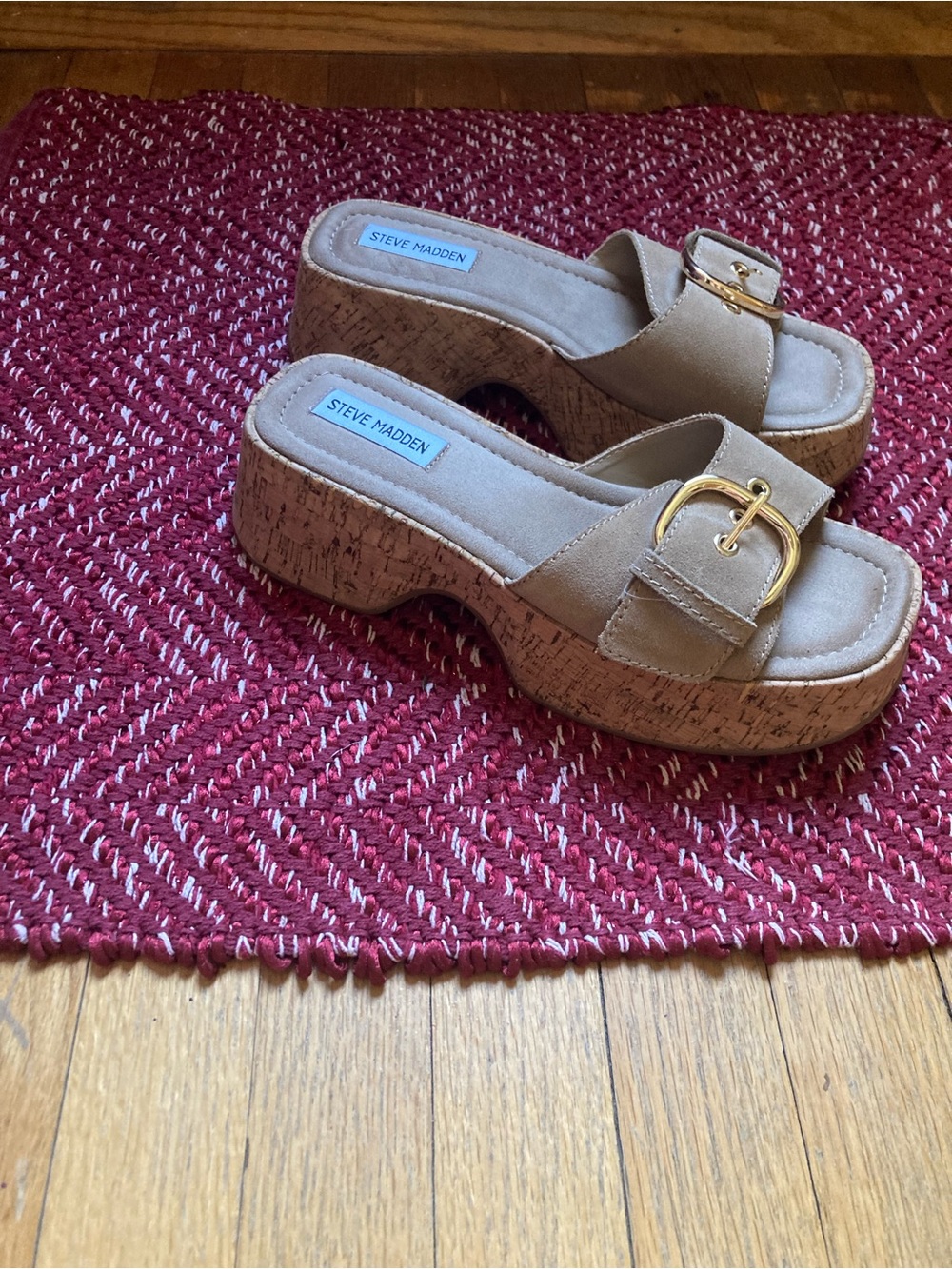 Steve Madden Beige Suede Cork Buckle Platform Slides